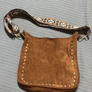 Brown faux brown suede with Patterned Strap crossbody bag